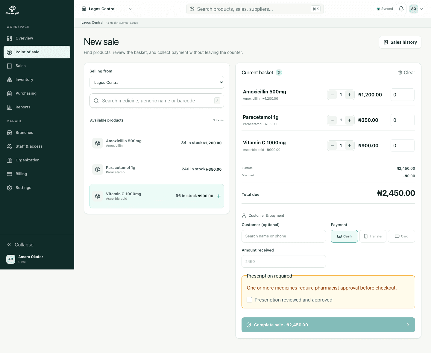 PharmacyOSS point of sale showing products, basket, and payment options